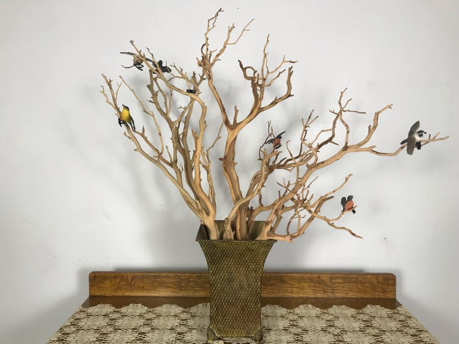 Manzanita Branches In Metal Vase With Decorative Clip On Birds 33H X 28W - Just Added [Photo 2]