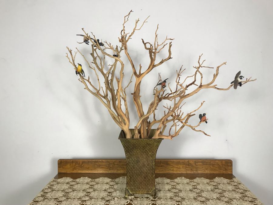 Manzanita Branches In Metal Vase With Decorative Clip On Birds 33H X 28W - Just Added [Photo 1]