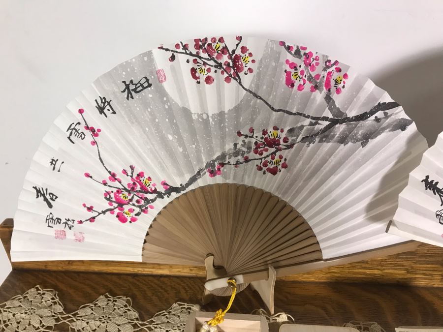 Pair Of Korean Folding Fans Hap-Jook Suns With Wooden Storage Boxes And Display Stands Celebrating One Year Anniversay Of The Crosby At Rancho Santa Fe - Just Added [Photo 8]