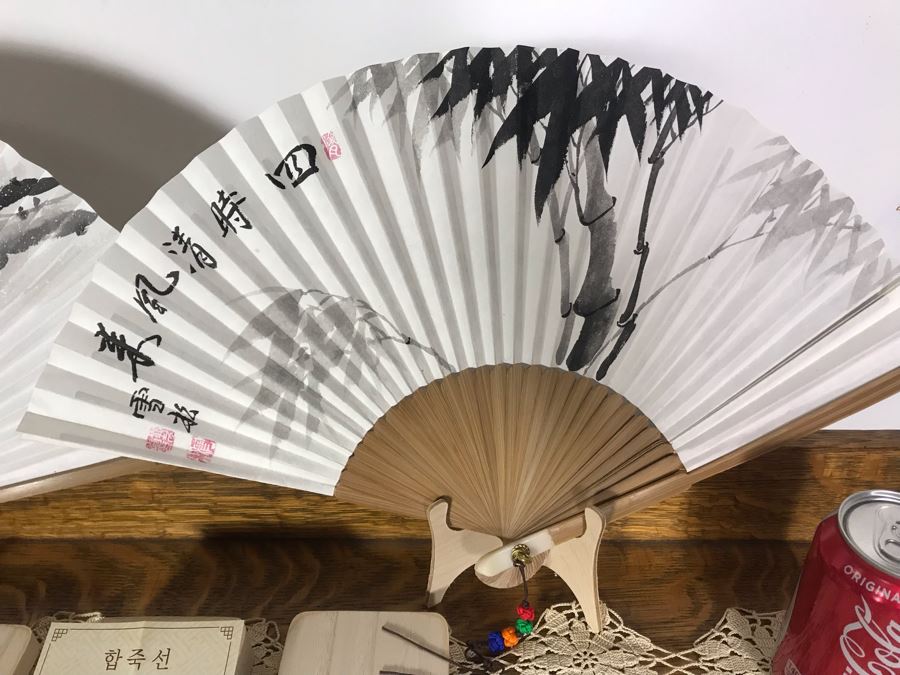 Pair Of Korean Folding Fans Hap-Jook Suns With Wooden Storage Boxes And Display Stands Celebrating One Year Anniversay Of The Crosby At Rancho Santa Fe - Just Added [Photo 6]