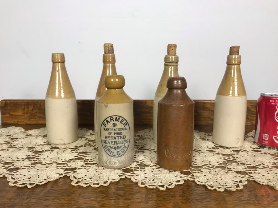 Collection Of (6) Antique English Stoneware Bottles Denby Pottery Joseph Bourne, Grosvenor Glasgow, H. Kennedy Barrowfield Pottery Glasgow Mead Jars - Just Added [Photo 1]