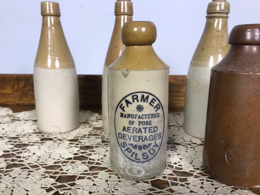 Collection Of (6) Antique English Stoneware Bottles Denby Pottery Joseph Bourne, Grosvenor Glasgow, H. Kennedy Barrowfield Pottery Glasgow Mead Jars - Just Added [Photo 3]