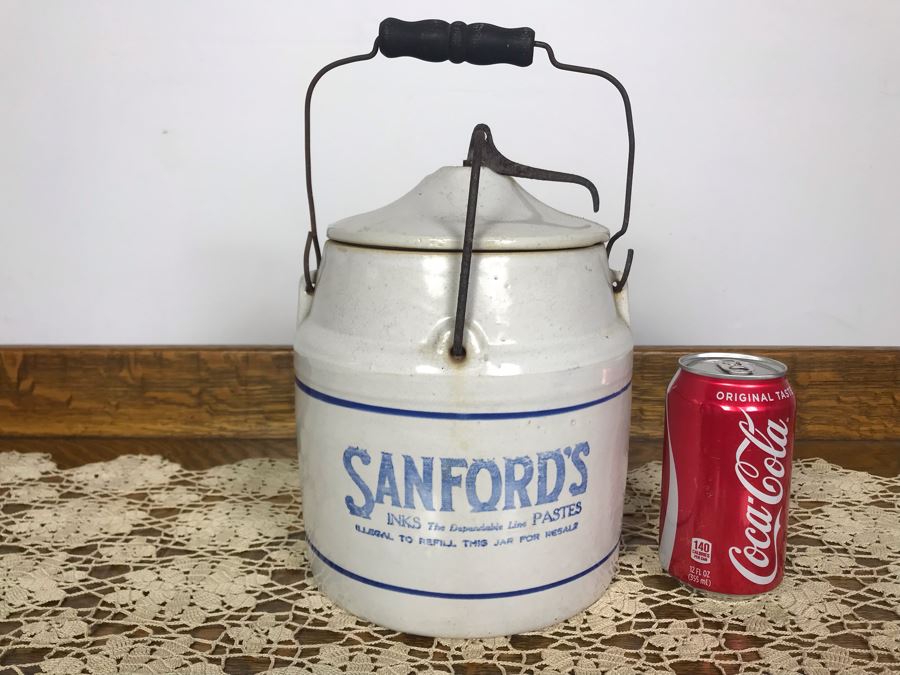 Antique Stoneware Sanford's Inks The Dependable Line Pastes Ink Crock With Handle Advertising Jug 8W X 12H - Just Added