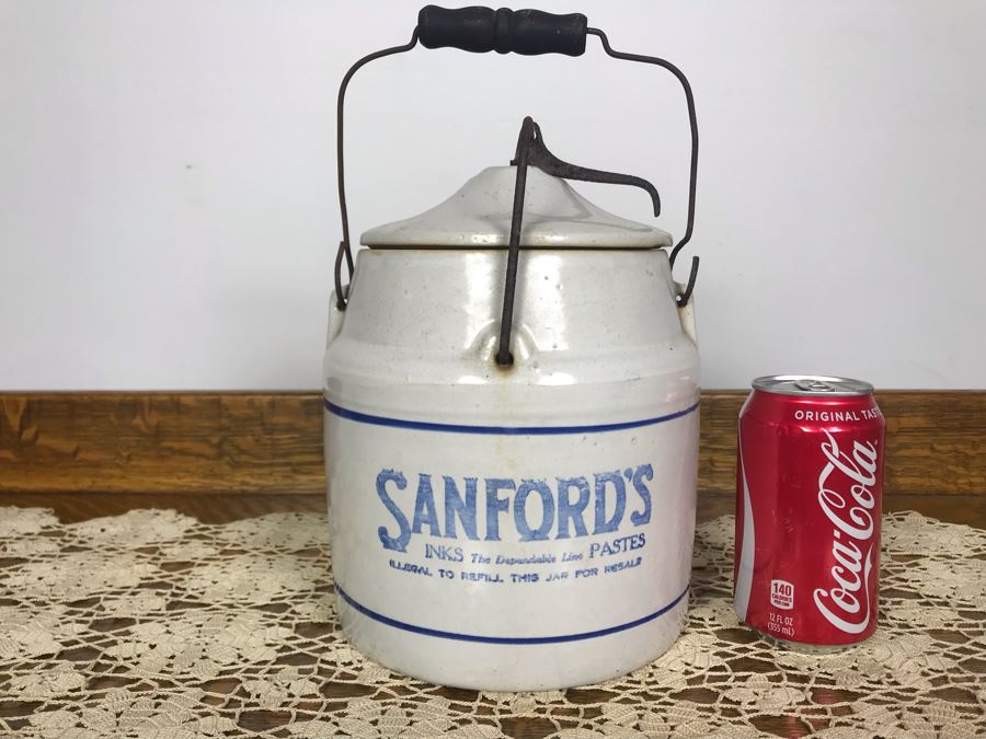 Antique Stoneware Sanford's Inks The Dependable Line Pastes Ink Crock With Handle Advertising Jug 8W X 12H - Just Added [Photo 2]