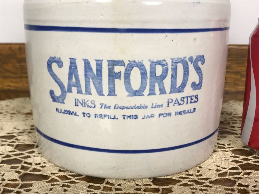Antique Stoneware Sanford's Inks The Dependable Line Pastes Ink Crock With Handle Advertising Jug 8W X 12H - Just Added [Photo 3]