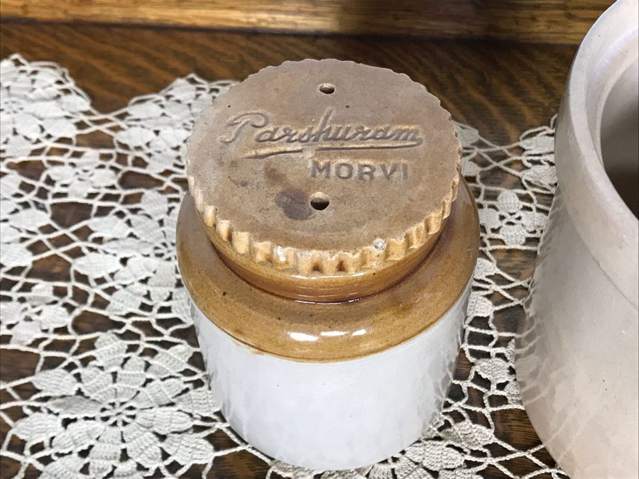 (R) Vintage Stoneware Jug Jar Canister Copenhagen Snuff Weyman & Bro Pittsburgh, (2R) Macomb Pottery Co Jar Pat. 1899 Illinois Fruit Jar Lid, (2L) Vintage Grease Jar, (L) Vintage Parshuram Pottery Works Morvi Jar Threaded Top And Lid - Just Added [Photo 7]