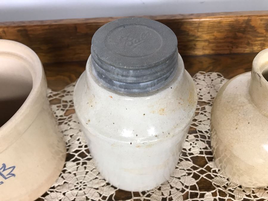 (R) Vintage Stoneware Jug Jar Canister Copenhagen Snuff Weyman & Bro Pittsburgh, (2R) Macomb Pottery Co Jar Pat. 1899 Illinois Fruit Jar Lid, (2L) Vintage Grease Jar, (L) Vintage Parshuram Pottery Works Morvi Jar Threaded Top And Lid - Just Added [Photo 9]