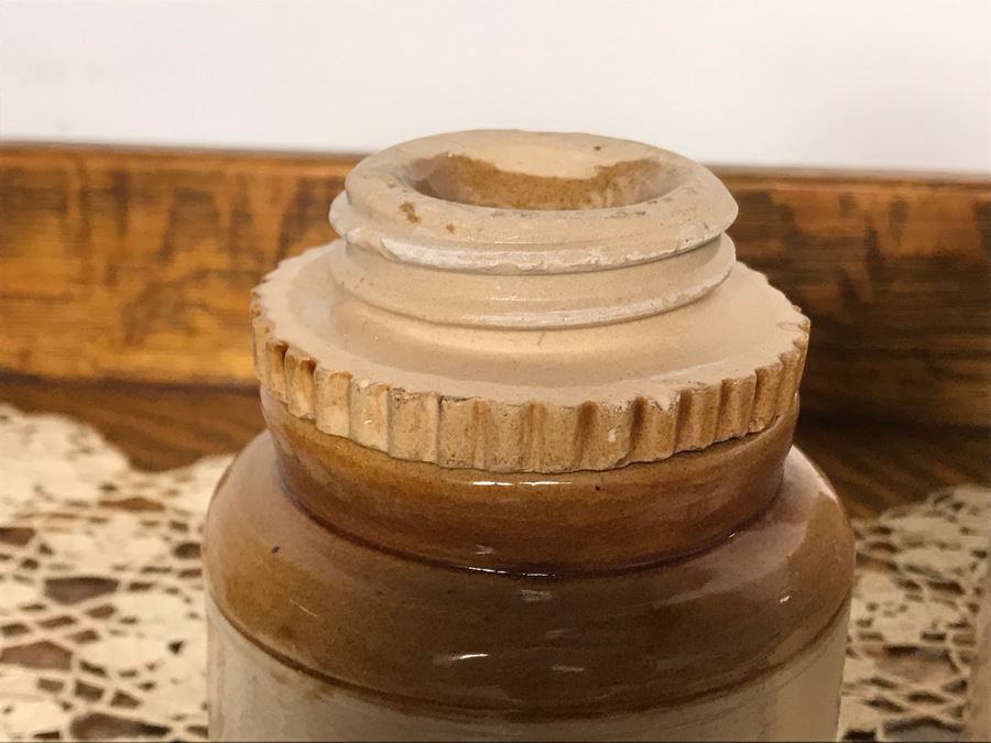 (R) Vintage Stoneware Jug Jar Canister Copenhagen Snuff Weyman & Bro Pittsburgh, (2R) Macomb Pottery Co Jar Pat. 1899 Illinois Fruit Jar Lid, (2L) Vintage Grease Jar, (L) Vintage Parshuram Pottery Works Morvi Jar Threaded Top And Lid - Just Added [Photo 13]