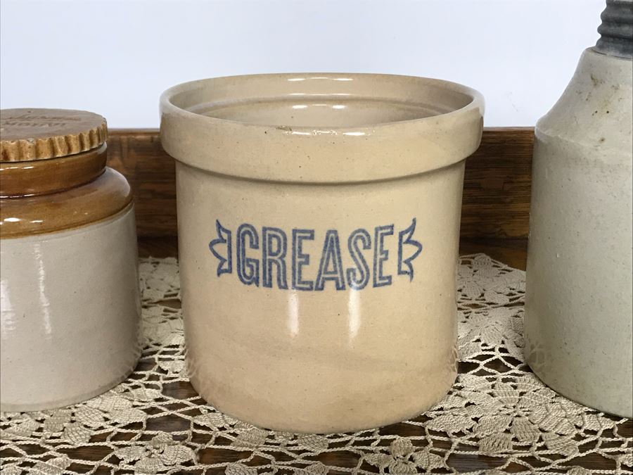(R) Vintage Stoneware Jug Jar Canister Copenhagen Snuff Weyman & Bro Pittsburgh, (2R) Macomb Pottery Co Jar Pat. 1899 Illinois Fruit Jar Lid, (2L) Vintage Grease Jar, (L) Vintage Parshuram Pottery Works Morvi Jar Threaded Top And Lid - Just Added [Photo 6]