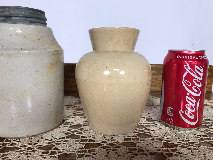 (R) Vintage Stoneware Jug Jar Canister Copenhagen Snuff Weyman & Bro Pittsburgh, (2R) Macomb Pottery Co Jar Pat. 1899 Illinois Fruit Jar Lid, (2L) Vintage Grease Jar, (L) Vintage Parshuram Pottery Works Morvi Jar Threaded Top And Lid - Just Added [Photo 2]