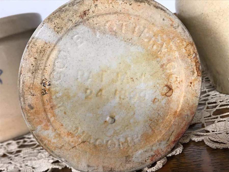 (R) Vintage Stoneware Jug Jar Canister Copenhagen Snuff Weyman & Bro Pittsburgh, (2R) Macomb Pottery Co Jar Pat. 1899 Illinois Fruit Jar Lid, (2L) Vintage Grease Jar, (L) Vintage Parshuram Pottery Works Morvi Jar Threaded Top And Lid - Just Added [Photo 10]