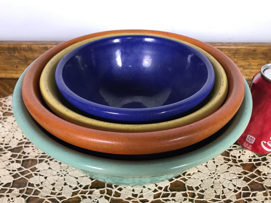 Vintage Colorful Mid-Century Nesting Mixing Bowls (4) Unmarked Pottery Bowls 10.5R - 7R - Just Added [Photo 4]