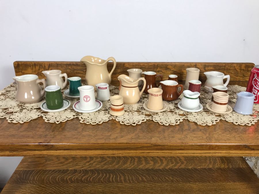 Vintage 1930s Restaurant Ware Creamers Some With Underplates Apx 27 Pieces: Mayan Ware Mayer China, Hall, Wallace China Desert Ware, Shenango New Castle PA, McNicol China Roloc, Syracuse China, Coorsite, Warwick China - Just Added