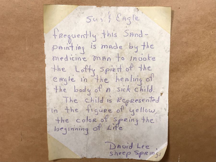 Large Vintage Native American Sand Painting Sun & Eagle Medicine Man By David Lee Sheep Springs - Write-up On Back 24 X 24 - Just Added [Photo 11]