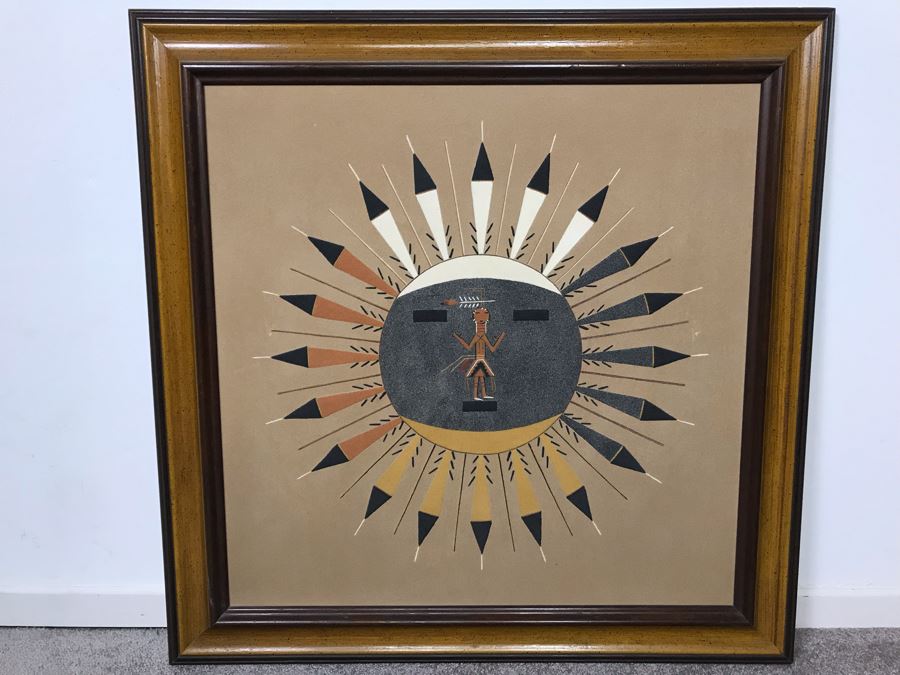 Large Vintage Native American Sand Painting Sun & Eagle Medicine Man By David Lee Sheep Springs - Write-up On Back 24 X 24 - Just Added [Photo 3]