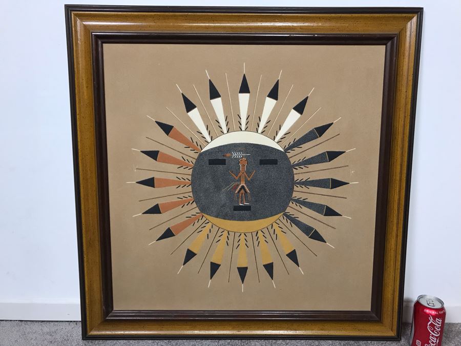 Large Vintage Native American Sand Painting Sun & Eagle Medicine Man By David Lee Sheep Springs - Write-up On Back 24 X 24 - Just Added [Photo 1]