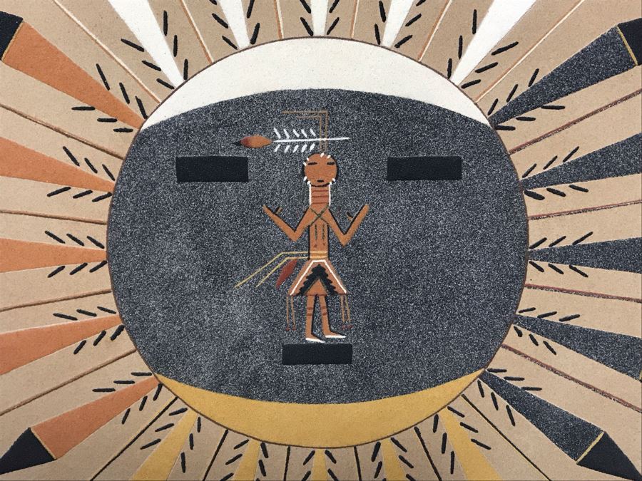 Large Vintage Native American Sand Painting Sun & Eagle Medicine Man By David Lee Sheep Springs - Write-up On Back 24 X 24 - Just Added [Photo 5]