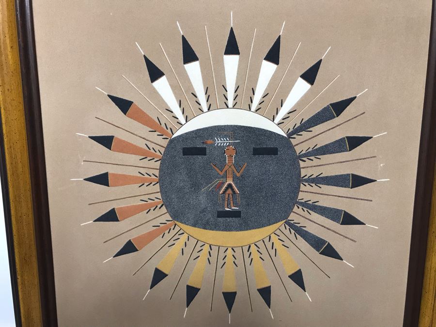 Large Vintage Native American Sand Painting Sun & Eagle Medicine Man By David Lee Sheep Springs - Write-up On Back 24 X 24 - Just Added [Photo 4]