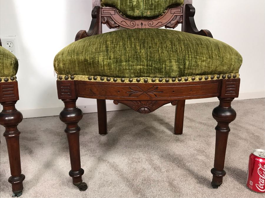 Pair Of Antique Eastlake Wooden Side Chairs With Tufted Green Upholstery - Just Added [Photo 9]