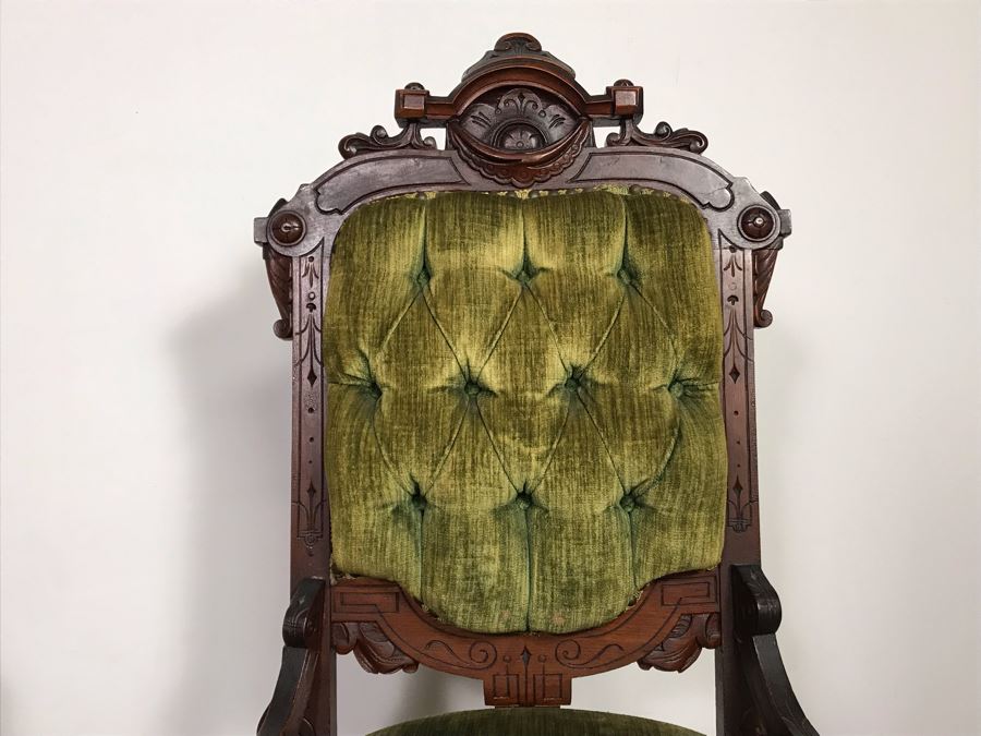 Pair Of Antique Eastlake Wooden Side Chairs With Tufted Green Upholstery - Just Added [Photo 8]