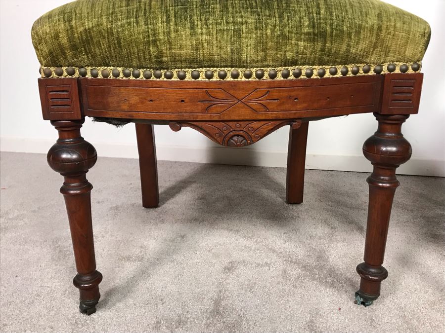 Pair Of Antique Eastlake Wooden Side Chairs With Tufted Green Upholstery - Just Added [Photo 7]