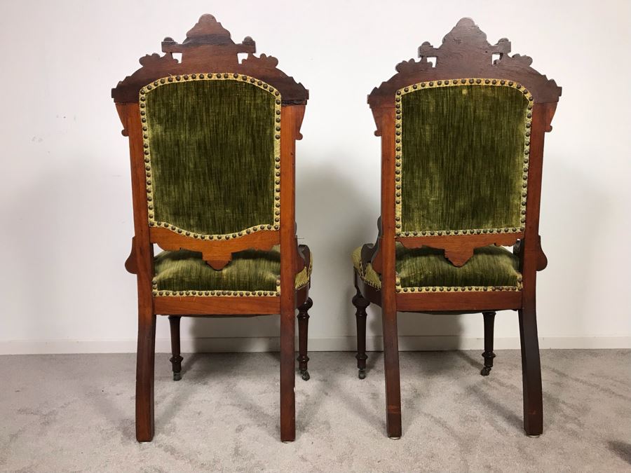 Pair Of Antique Eastlake Wooden Side Chairs With Tufted Green Upholstery - Just Added [Photo 11]