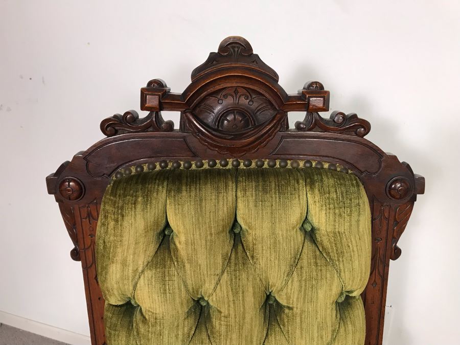 Pair Of Antique Eastlake Wooden Side Chairs With Tufted Green Upholstery - Just Added [Photo 3]