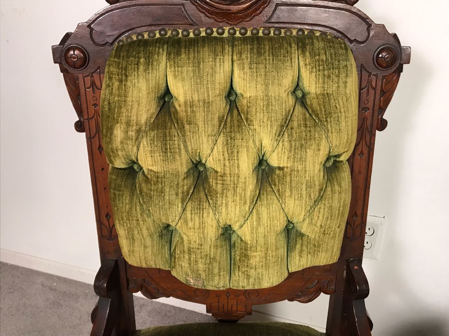 Pair Of Antique Eastlake Wooden Side Chairs With Tufted Green Upholstery - Just Added [Photo 5]