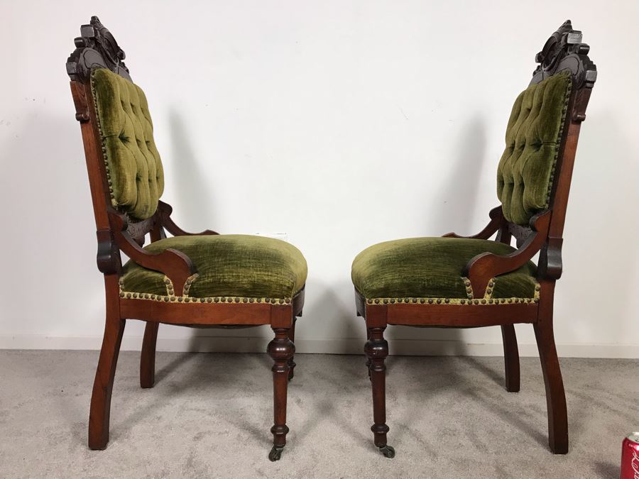 Pair Of Antique Eastlake Wooden Side Chairs With Tufted Green Upholstery - Just Added [Photo 10]