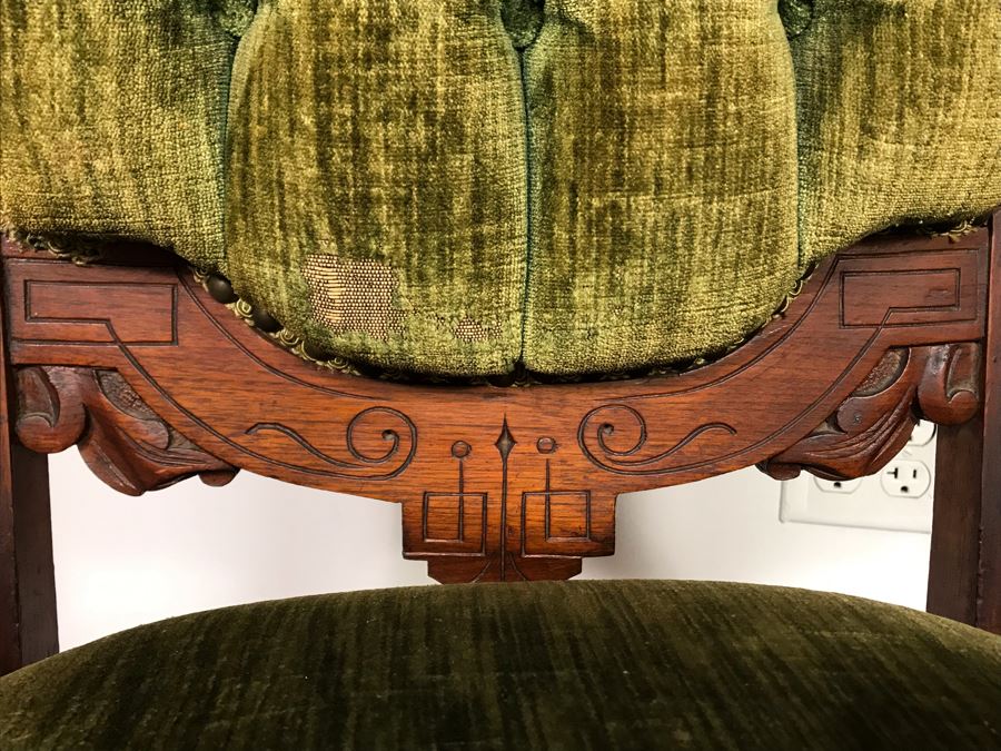 Pair Of Antique Eastlake Wooden Side Chairs With Tufted Green Upholstery - Just Added [Photo 6]