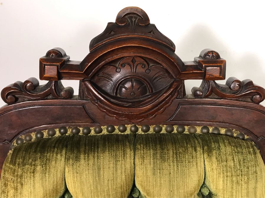 Pair Of Antique Eastlake Wooden Side Chairs With Tufted Green Upholstery - Just Added [Photo 4]