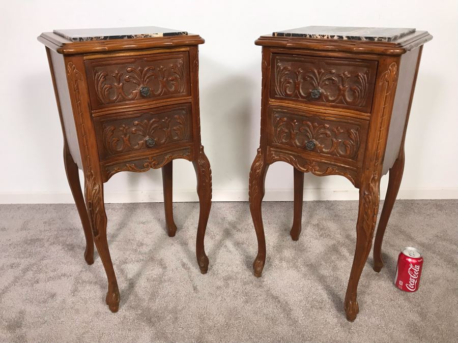 Pair Of Antique Carved Wooden 2-Drawer Side Tables With Marble Tops (Note One Marble Top Has Crack In Marble) 13.5W X 11.5D X 29.5H - Just Added [Photo 1]
