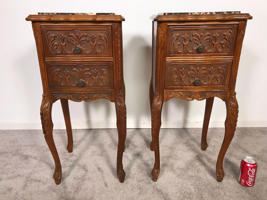 Pair Of Antique Carved Wooden 2-Drawer Side Tables With Marble Tops (Note One Marble Top Has Crack In Marble) 13.5W X 11.5D X 29.5H - Just Added [Photo 3]
