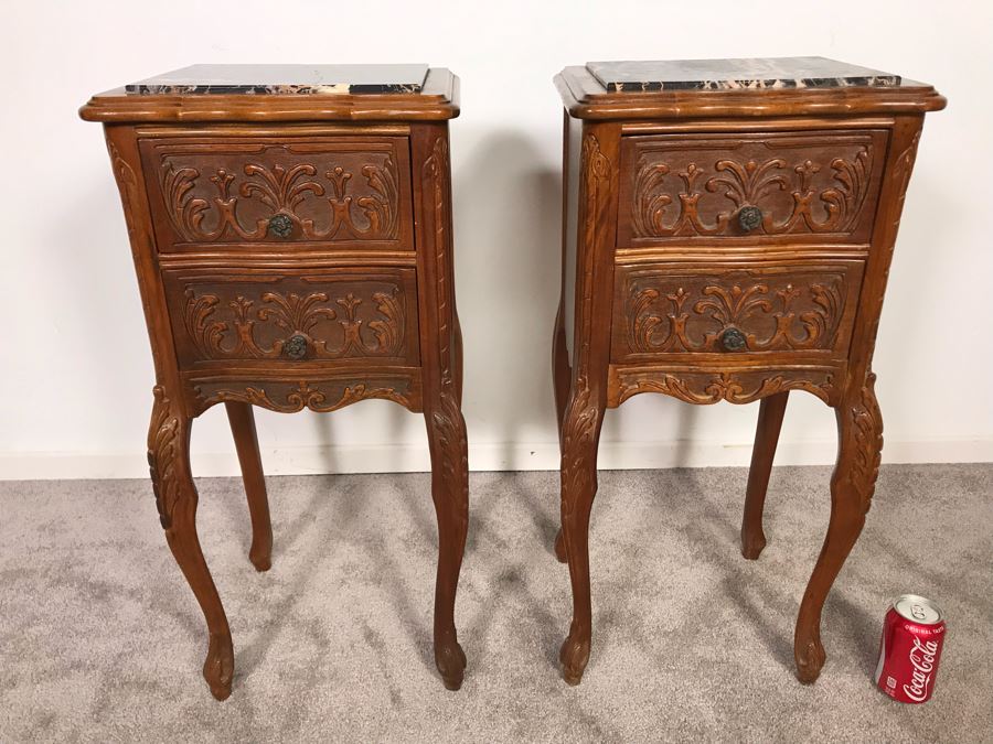 Pair Of Antique Carved Wooden 2-Drawer Side Tables With Marble Tops (Note One Marble Top Has Crack In Marble) 13.5W X 11.5D X 29.5H - Just Added [Photo 2]