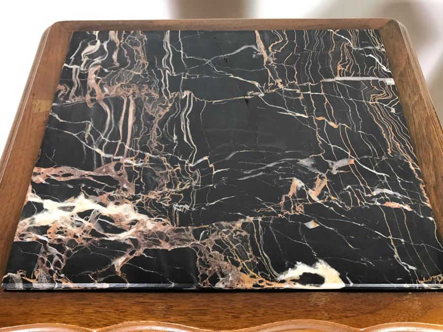 Pair Of Antique Carved Wooden 2-Drawer Side Tables With Marble Tops (Note One Marble Top Has Crack In Marble) 13.5W X 11.5D X 29.5H - Just Added [Photo 6]