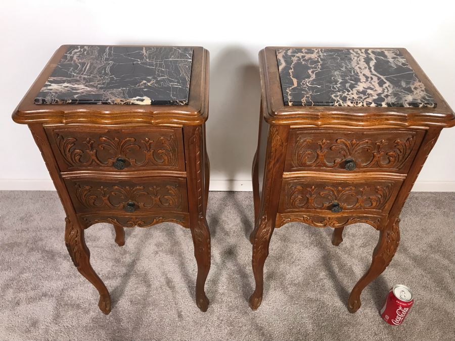 Pair Of Antique Carved Wooden 2-Drawer Side Tables With Marble Tops (Note One Marble Top Has Crack In Marble) 13.5W X 11.5D X 29.5H - Just Added [Photo 5]