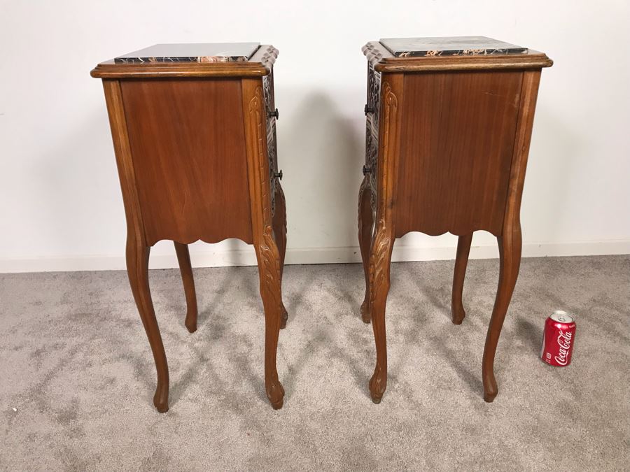 Pair Of Antique Carved Wooden 2-Drawer Side Tables With Marble Tops (Note One Marble Top Has Crack In Marble) 13.5W X 11.5D X 29.5H - Just Added [Photo 9]