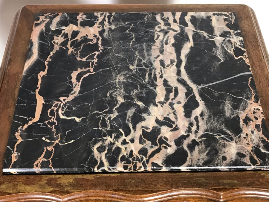 Pair Of Antique Carved Wooden 2-Drawer Side Tables With Marble Tops (Note One Marble Top Has Crack In Marble) 13.5W X 11.5D X 29.5H - Just Added [Photo 8]