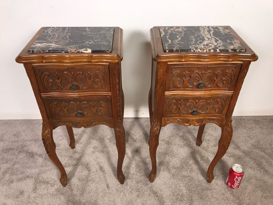 Pair Of Antique Carved Wooden 2-Drawer Side Tables With Marble Tops (Note One Marble Top Has Crack In Marble) 13.5W X 11.5D X 29.5H - Just Added [Photo 4]