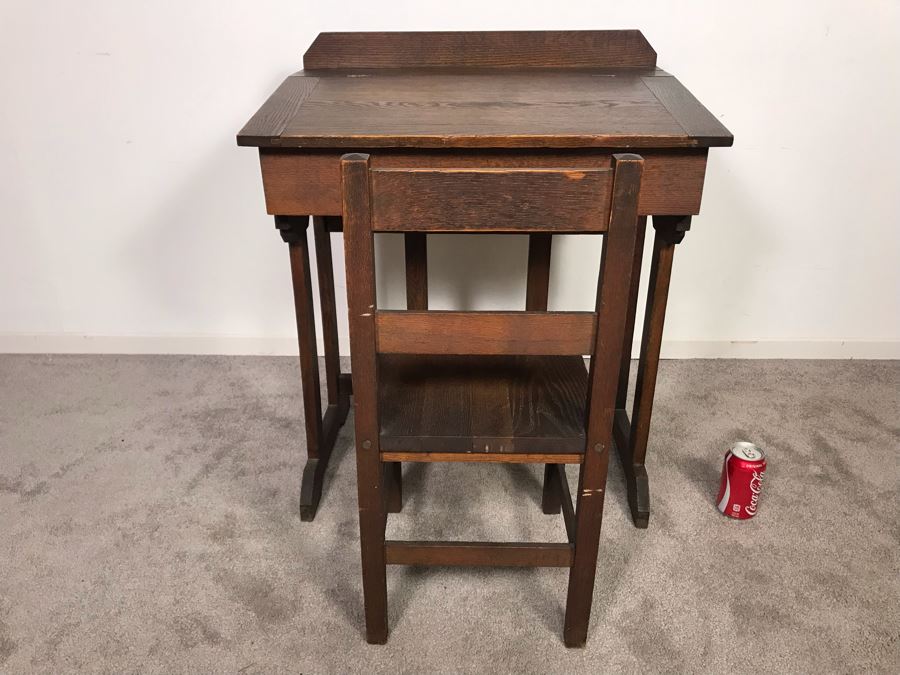 Antique Child's School Slant Top Desk With Hinged Top And Storage Plus Matching Chair 23W X 18D X 30H - Just Added [Photo 4]