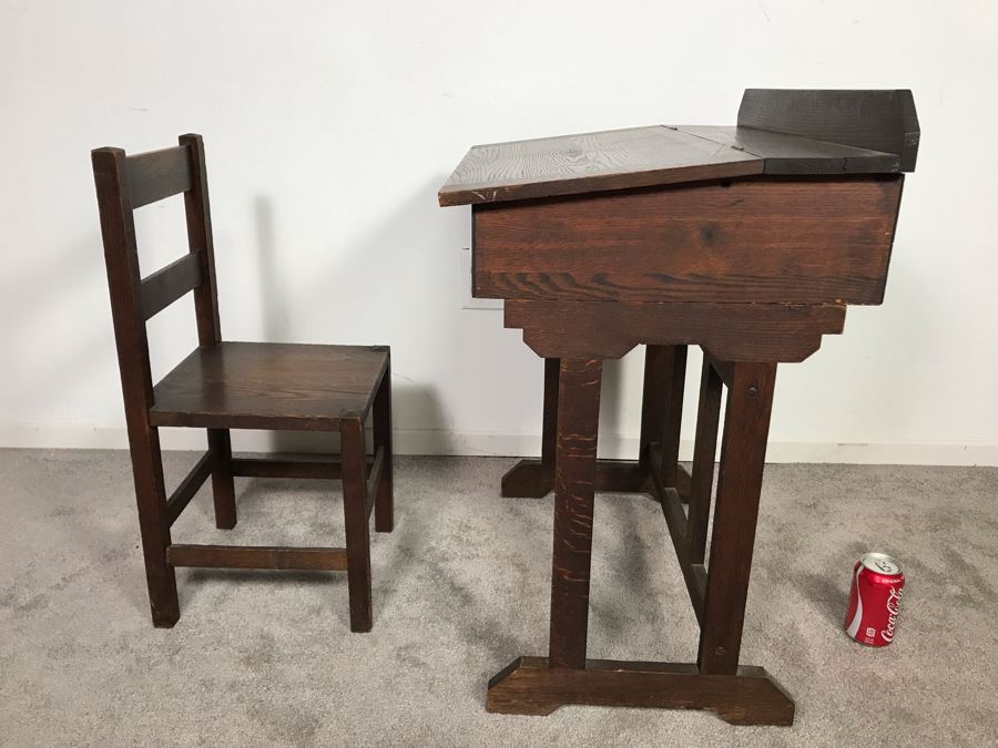 Antique Child's School Slant Top Desk With Hinged Top And Storage Plus Matching Chair 23W X 18D X 30H - Just Added [Photo 15]