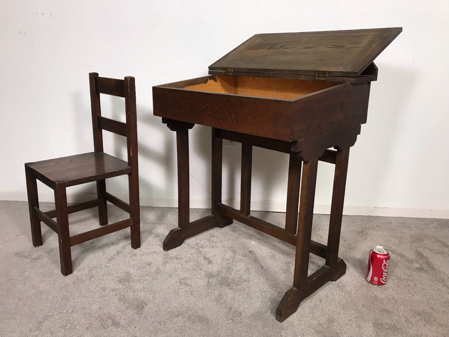 Antique Child's School Slant Top Desk With Hinged Top And Storage Plus Matching Chair 23W X 18D X 30H - Just Added [Photo 3]