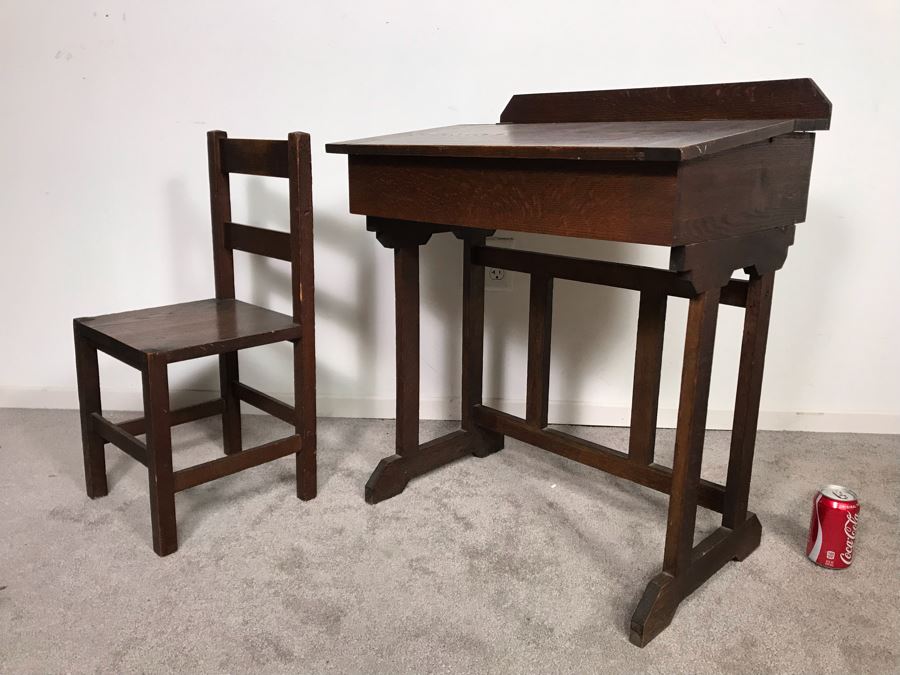 Antique Child's School Slant Top Desk With Hinged Top And Storage Plus Matching Chair 23W X 18D X 30H - Just Added [Photo 12]