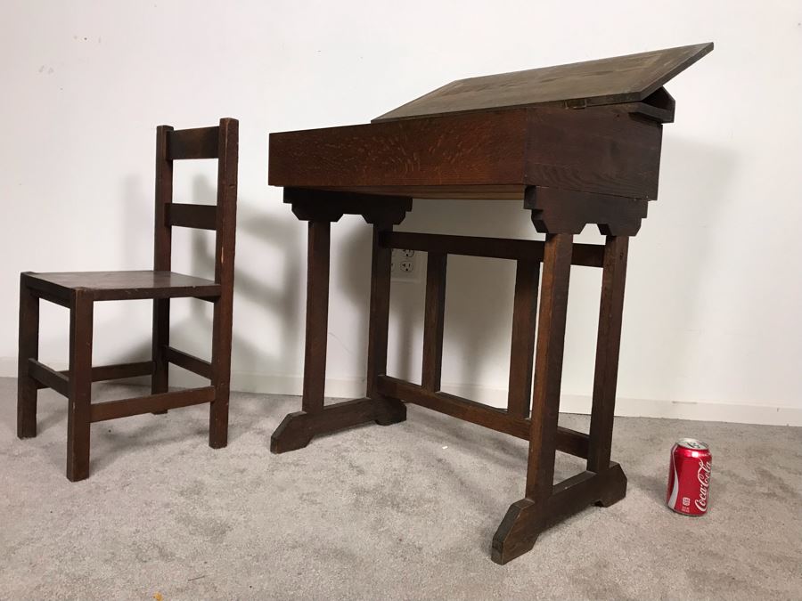 Antique Child's School Slant Top Desk With Hinged Top And Storage Plus Matching Chair 23W X 18D X 30H - Just Added [Photo 13]