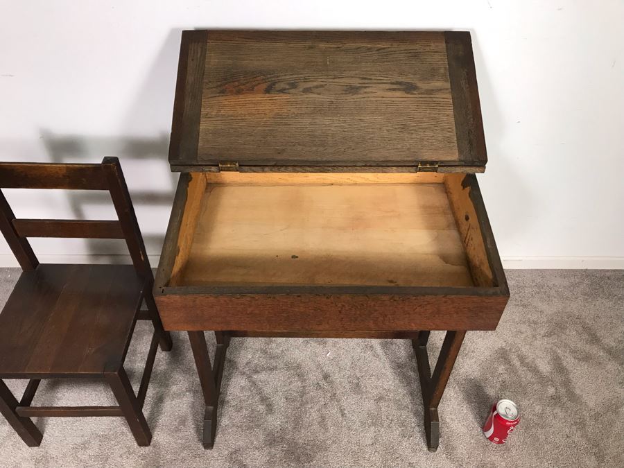 Antique Child's School Slant Top Desk With Hinged Top And Storage Plus Matching Chair 23W X 18D X 30H - Just Added [Photo 8]