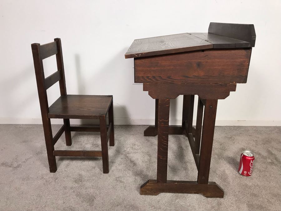 Antique Child's School Slant Top Desk With Hinged Top And Storage Plus Matching Chair 23W X 18D X 30H - Just Added [Photo 2]