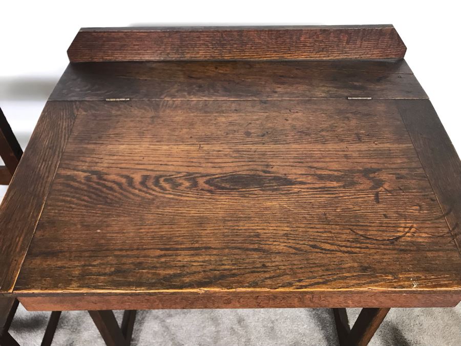 Antique Child's School Slant Top Desk With Hinged Top And Storage Plus Matching Chair 23W X 18D X 30H - Just Added [Photo 11]