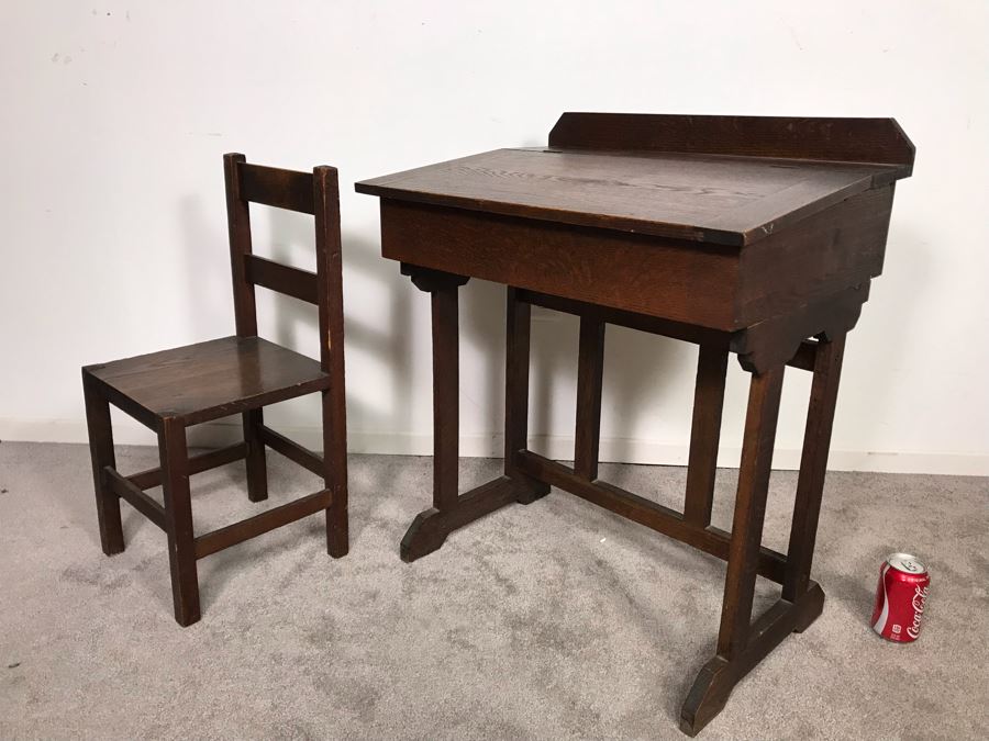 Antique Child's School Slant Top Desk With Hinged Top And Storage Plus Matching Chair 23W X 18D X 30H - Just Added [Photo 1]