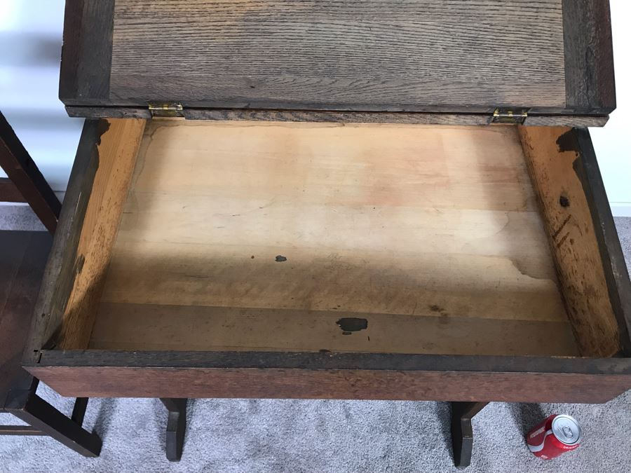 Antique Child's School Slant Top Desk With Hinged Top And Storage Plus Matching Chair 23W X 18D X 30H - Just Added [Photo 9]