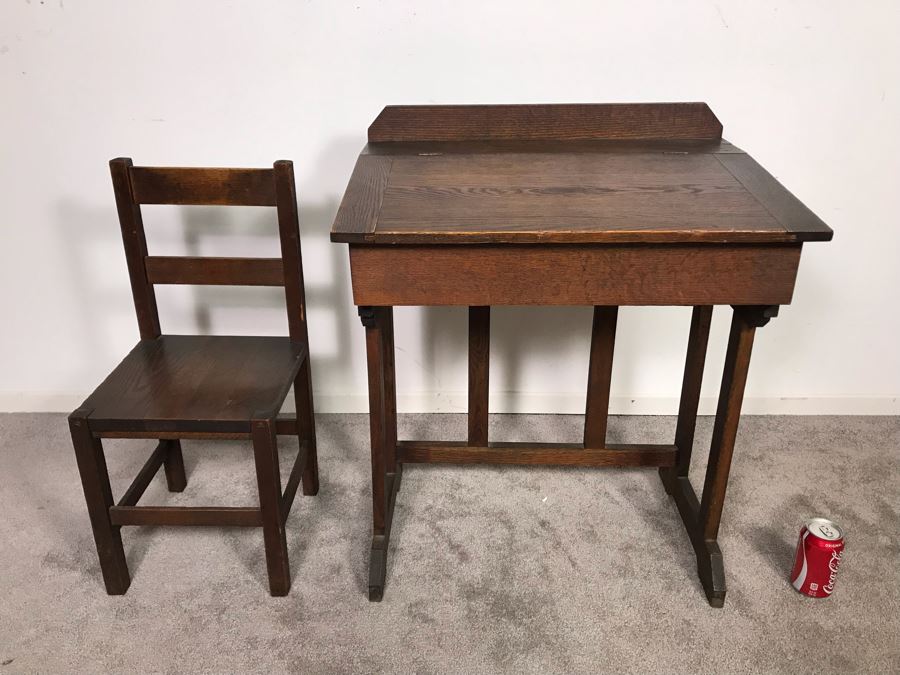Antique Child's School Slant Top Desk With Hinged Top And Storage Plus Matching Chair 23W X 18D X 30H - Just Added [Photo 6]